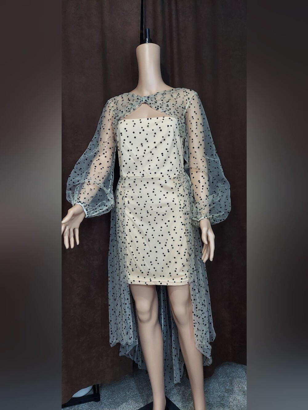 NWOT! Star-Print Mini Dress in Beige With Black Velvet Stars High-Low